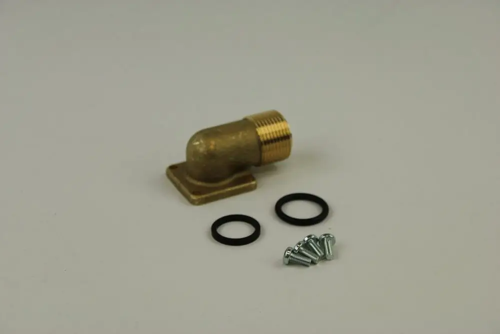 Bosch Winkelverschraubung mit einem 90-Grad-Winkel, aus Messing, begleitet von zwei O-Ringen und mehreren Schrauben für die Montage.